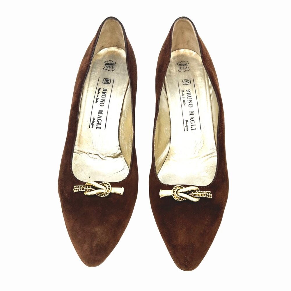 VINTAGE BRUNO MAGLI 80'S BROWN SUEDE PUMPS w GOLD METAL DETAIL ITALIAN 8 (7) - Picture 2 of 12